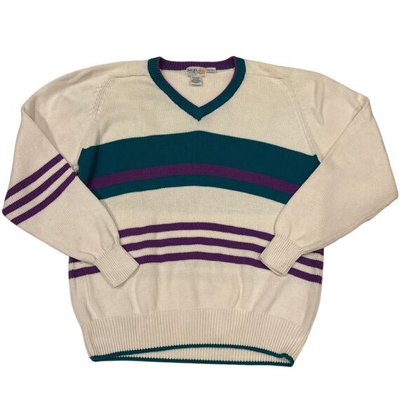 Vintage Izod Sweater Mens XL White Striped V Neck Knit Preppy 90s Country Club - Picture 1 of 8